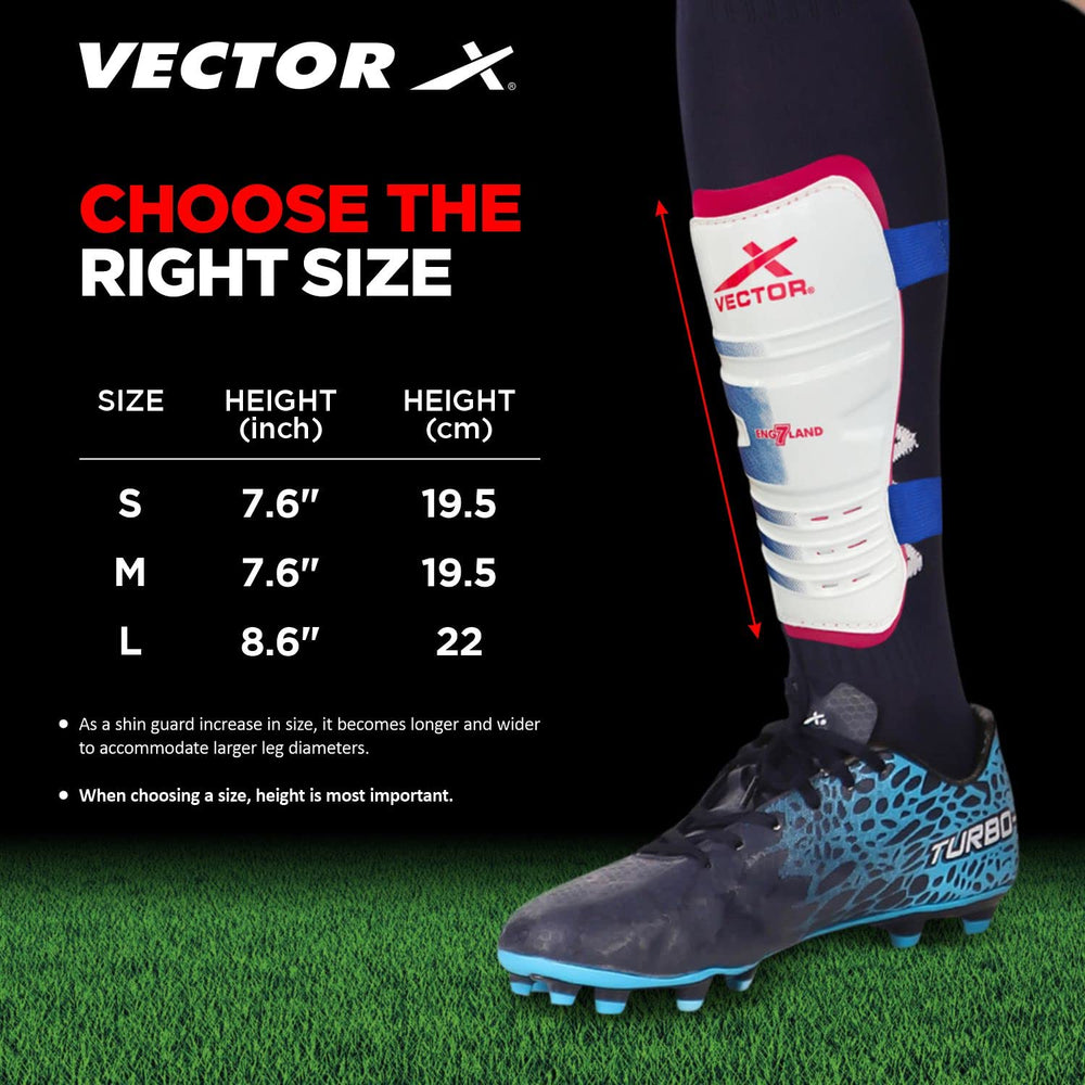 Vector X England Football Shinguard with Lightweight Outer Shell, EVA Foam Padding, Adjustable Straps, and Ergonomic Fit for Training & Match Play - Best Price online Prokicksports.com