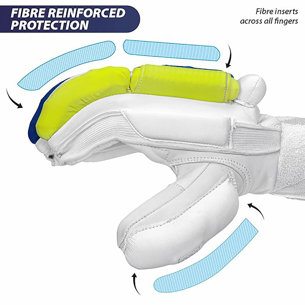 DSC Condor Surge 2.0 Leather Cricket Batting Gloves for Youth (Right Hand) – White/Blue/Yellow - Best Price online Prokicksports.com