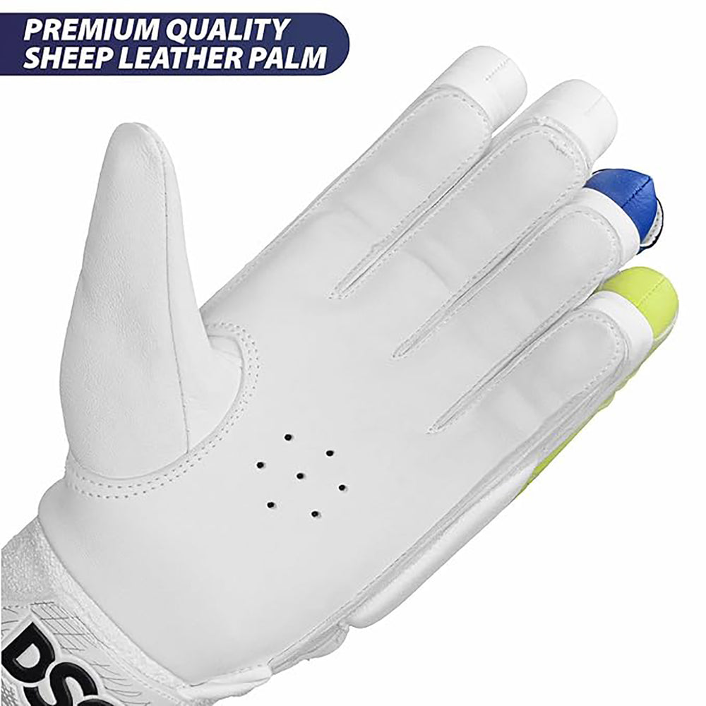 DSC Condor Surge 2.0 Leather Cricket Batting Gloves for Youth (Right Hand) – White/Blue/Yellow - Best Price online Prokicksports.com
