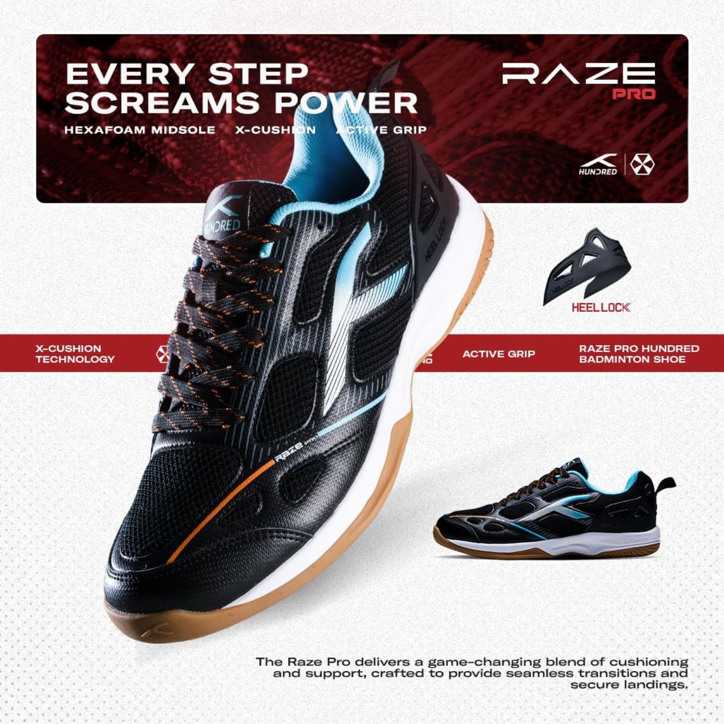 Hundred Raze Pro Non-Marking Badminton Shoes | Lightweight Indoor Sports Shoes with X-Cushion, Active Grip Sole & Heel Lock - Best Price online Prokicksports.com