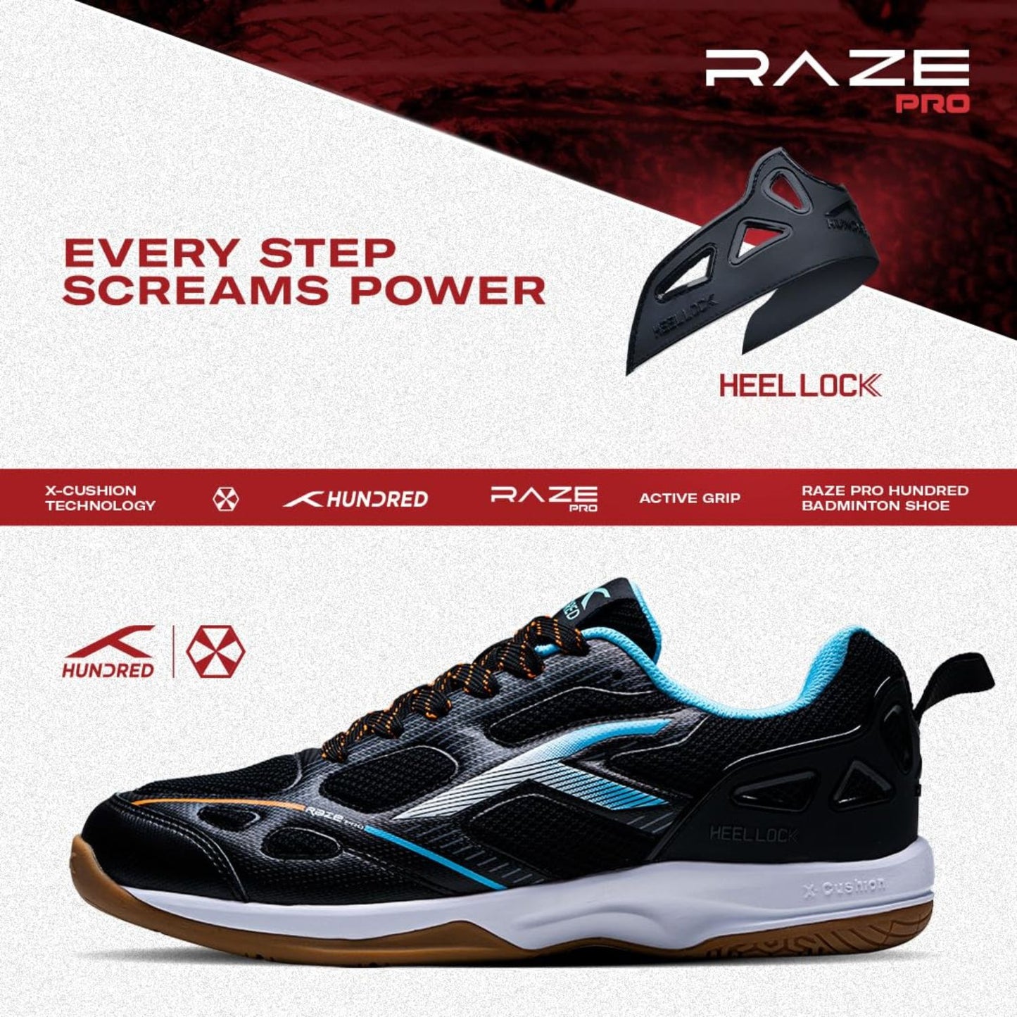 Hundred Raze Pro Non-Marking Badminton Shoes | Lightweight Indoor Sports Shoes with X-Cushion, Active Grip Sole & Heel Lock - Best Price online Prokicksports.com