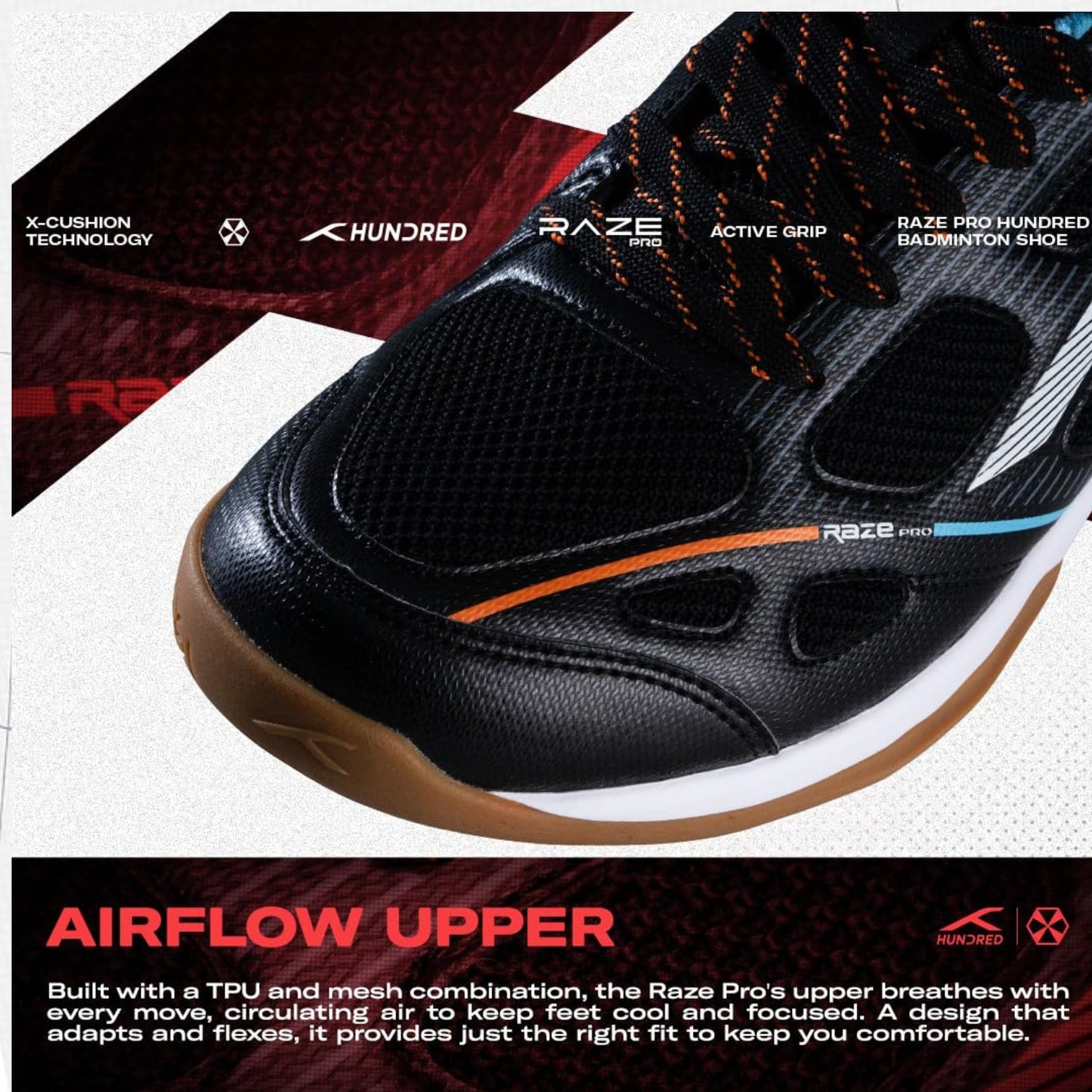 Hundred Raze Pro Non-Marking Badminton Shoes | Lightweight Indoor Sports Shoes with X-Cushion, Active Grip Sole & Heel Lock - Best Price online Prokicksports.com