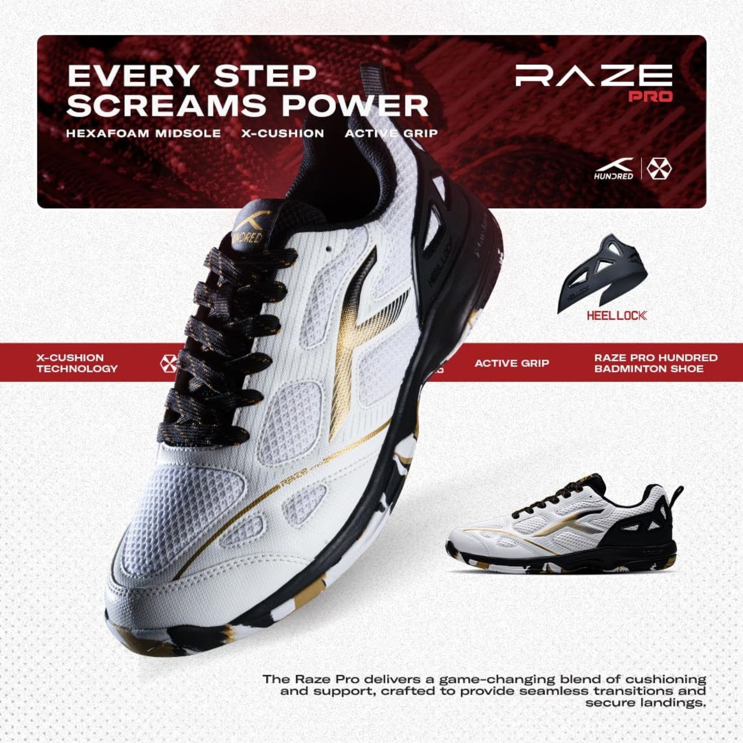 Hundred Raze Pro Non-Marking Badminton Shoes | Lightweight Indoor Sports Shoes with X-Cushion, Active Grip Sole & Heel Lock - Best Price online Prokicksports.com