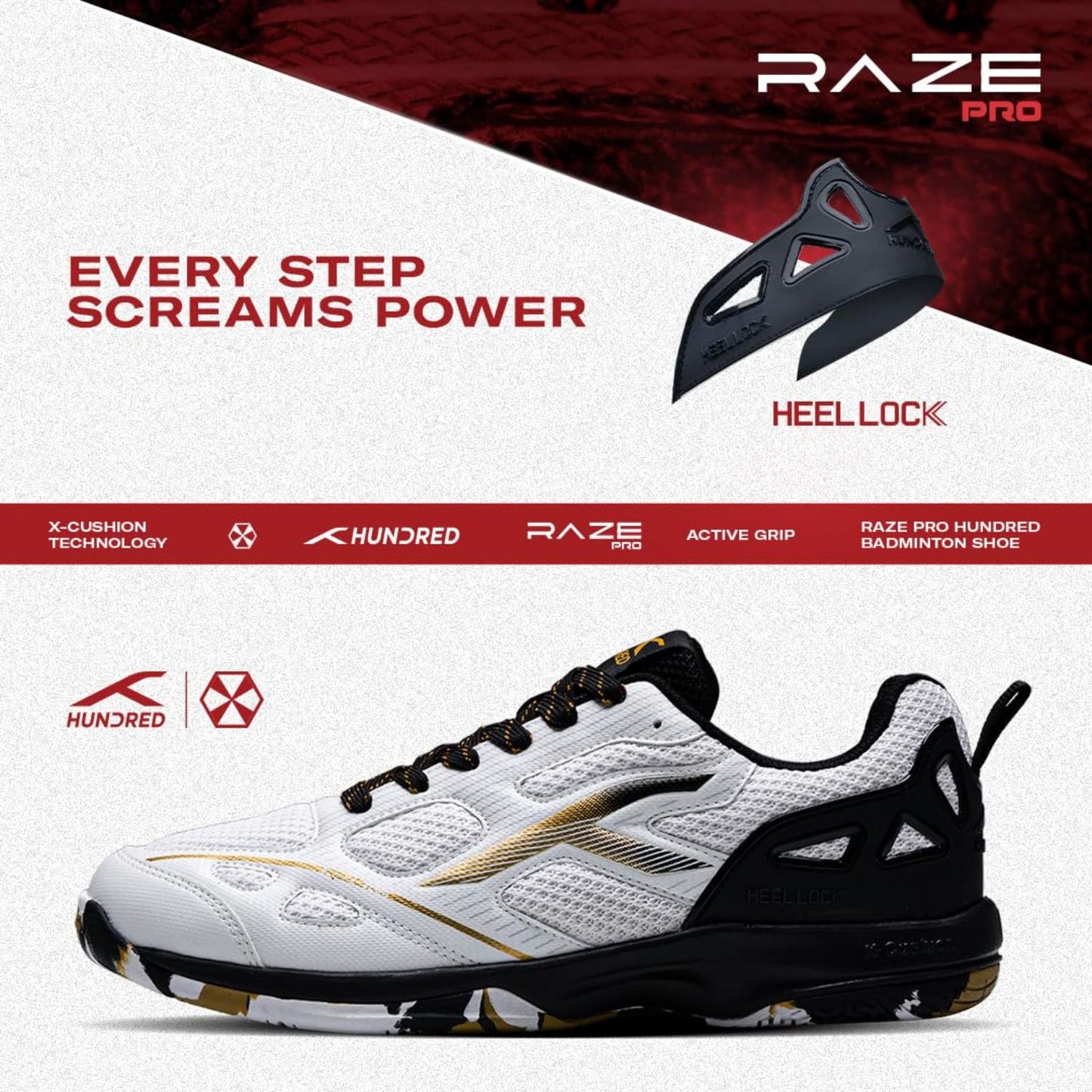 Hundred Raze Pro Non-Marking Badminton Shoes | Lightweight Indoor Sports Shoes with X-Cushion, Active Grip Sole & Heel Lock - Best Price online Prokicksports.com