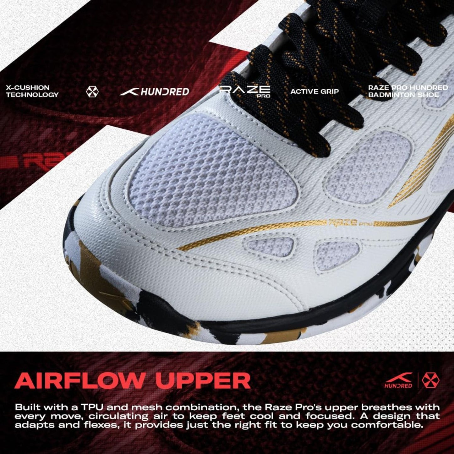 Hundred Raze Pro Non-Marking Badminton Shoes | Lightweight Indoor Sports Shoes with X-Cushion, Active Grip Sole & Heel Lock - Best Price online Prokicksports.com