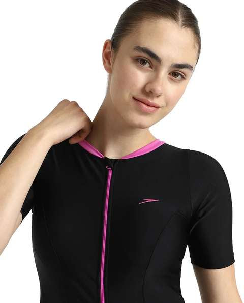 Speedo Women's Short Sleeve Closedback Swimdress with Boyleg (Black/P Lemonade)