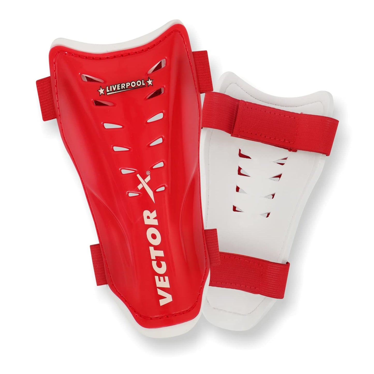 Vector X Liverpool Shin Pad for Football with Hard Outer Shell, Soft Foam Backing, Adjustable Straps and Lightweight Ergonomic Fit for All Players - Best Price online Prokicksports.com