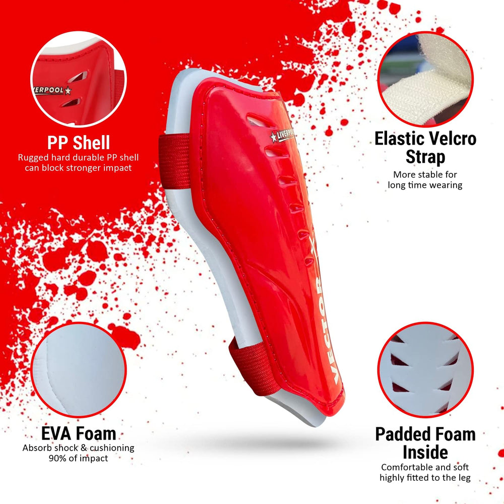 Vector X Liverpool Shin Pad for Football with Hard Outer Shell, Soft Foam Backing, Adjustable Straps and Lightweight Ergonomic Fit for All Players - Best Price online Prokicksports.com