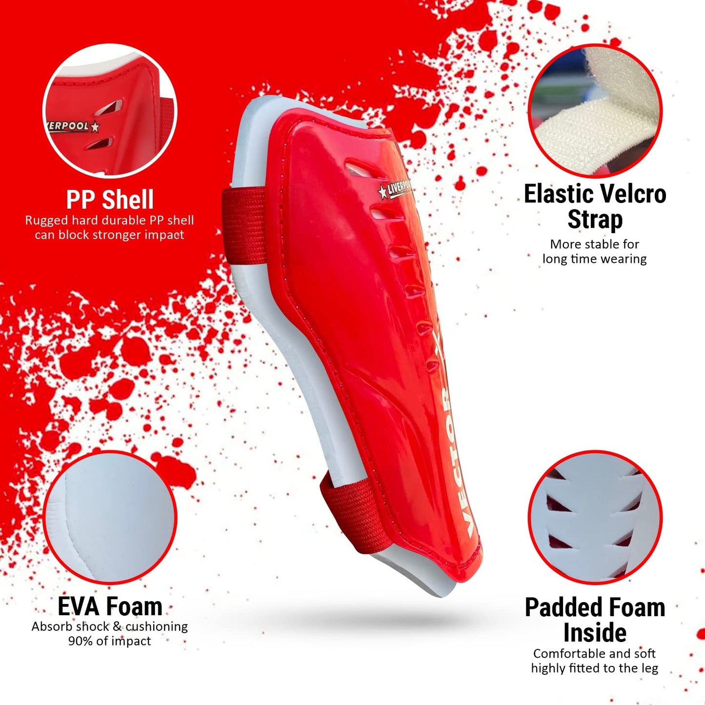 Vector X Liverpool Shin Pad for Football with Hard Outer Shell, Soft Foam Backing, Adjustable Straps and Lightweight Ergonomic Fit for All Players - Best Price online Prokicksports.com