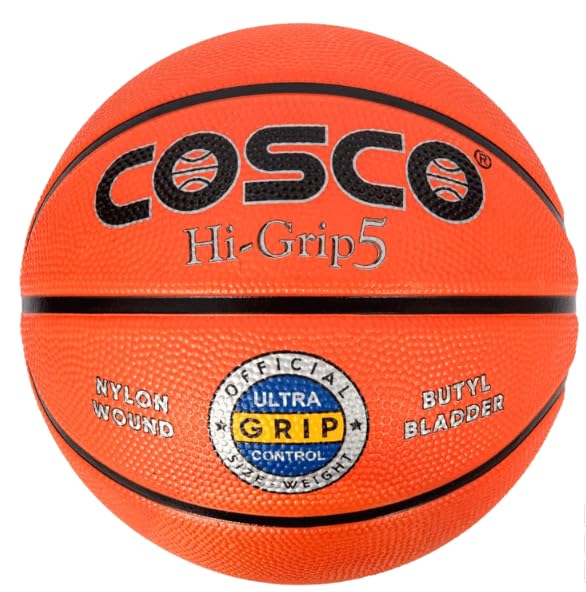Cosco Hi-Grip Rubber Basketball (Size 5, Multicolour) – Nylon-Wound Moulded Youth Basketball with Butyl Bladder
