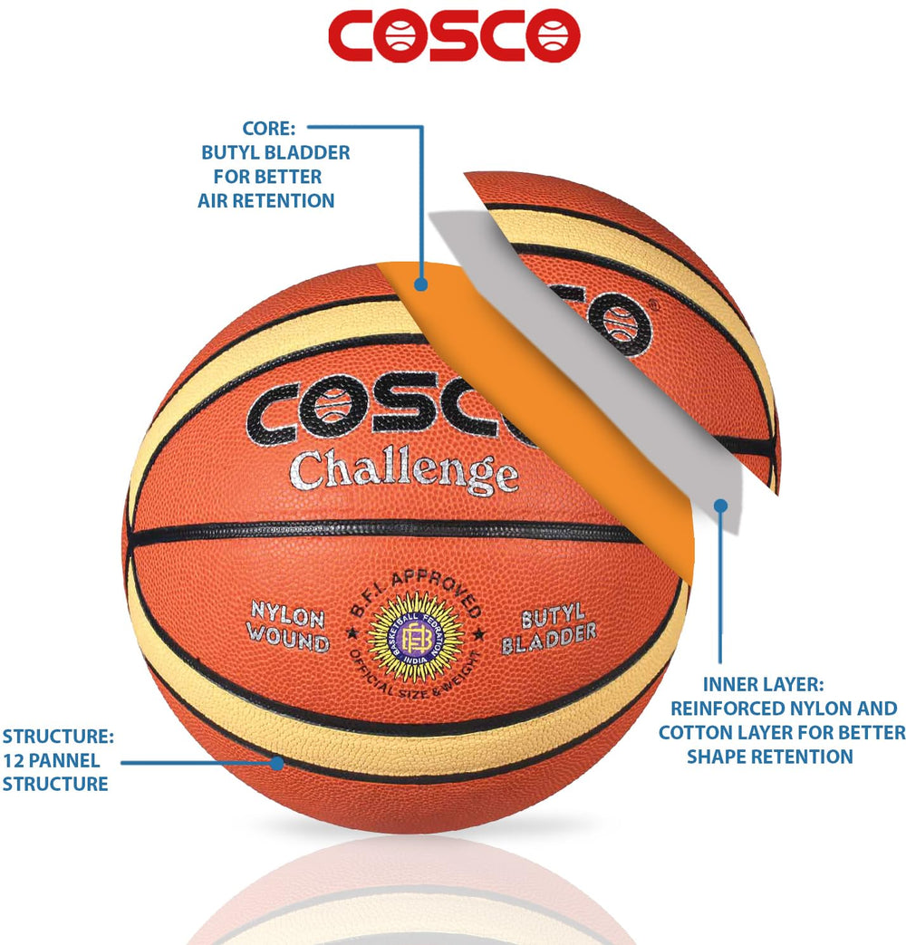 Cosco Leather Challenge Basketball (Size 7, Orange) – Composite Faux Leather Inflatable Basketball with Nylon Winding