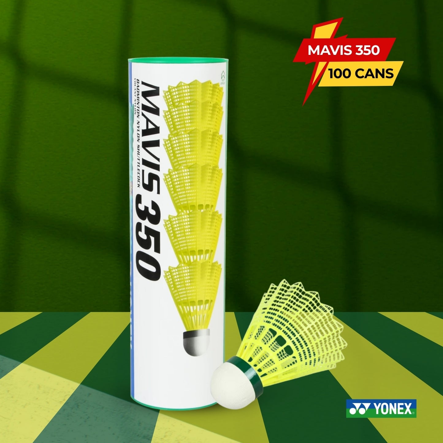 Yonex MAVIS 350 Green Cap Nylon Shuttlecock - 100 Cans - Best Price online Prokicksports.com