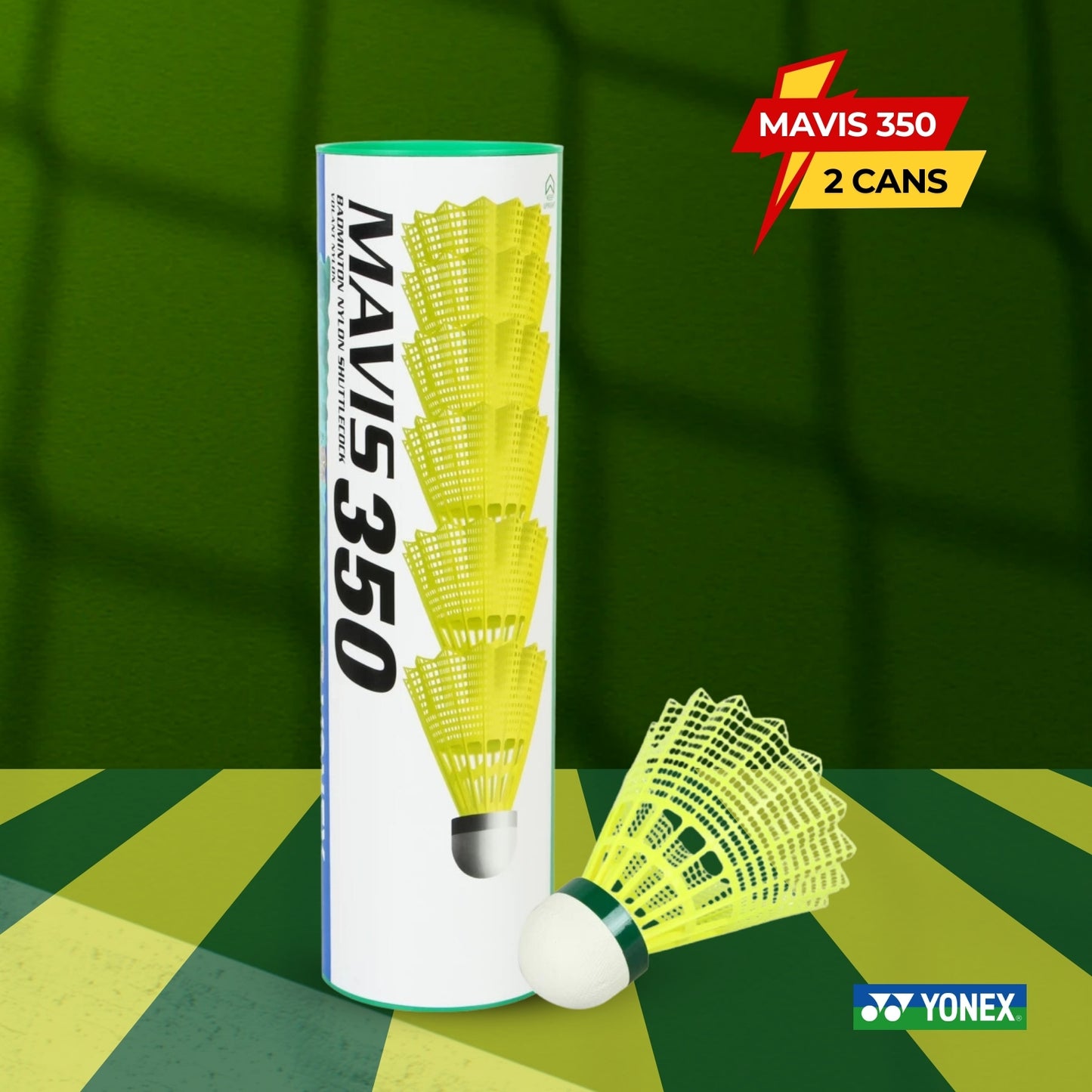 Yonex MAVIS 350 Green Cap Nylon Shuttlecock - 2 Can - Best Price online Prokicksports.com
