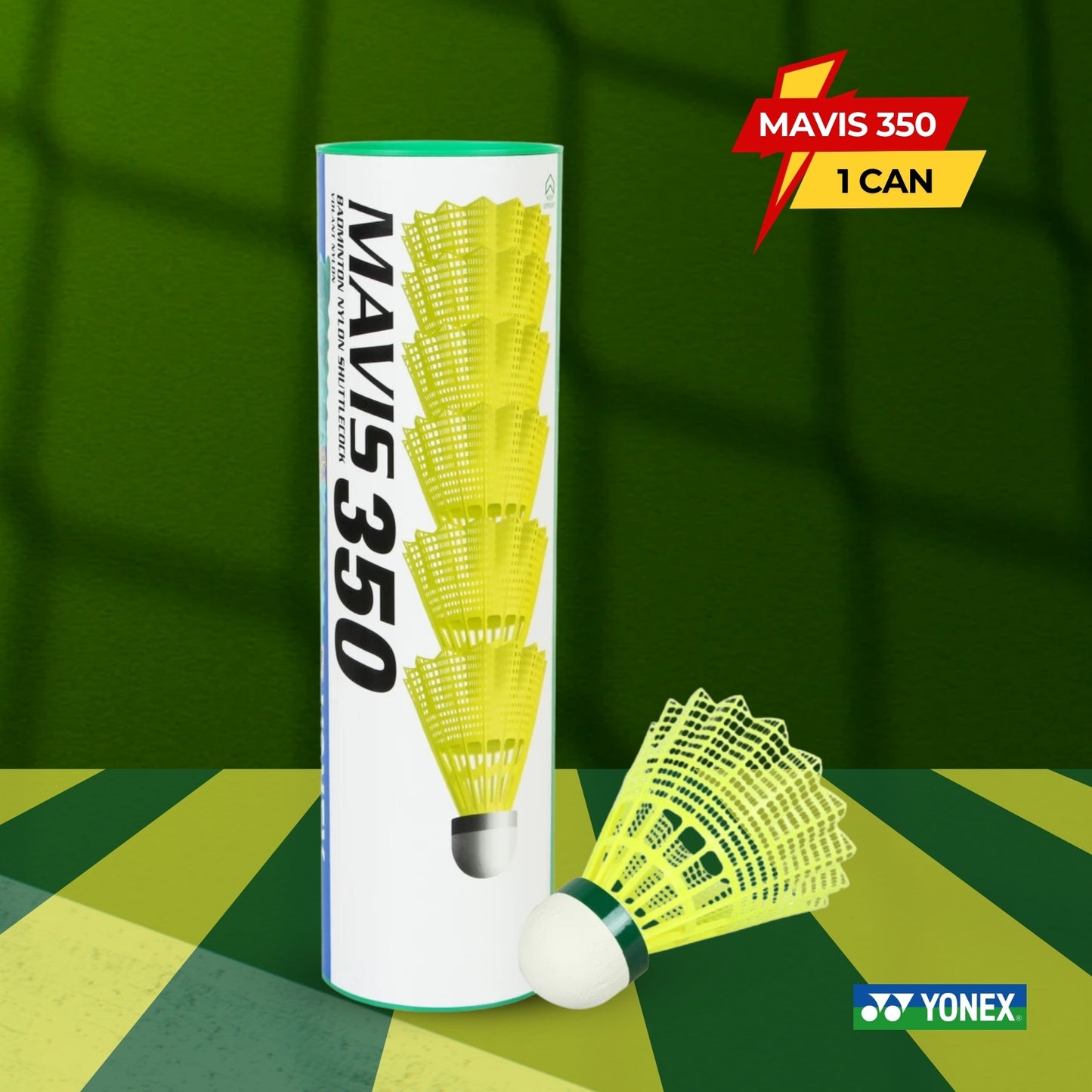 Yonex MAVIS 350 Green Cap Nylon Shuttlecock - 1 Can - Best Price online Prokicksports.com