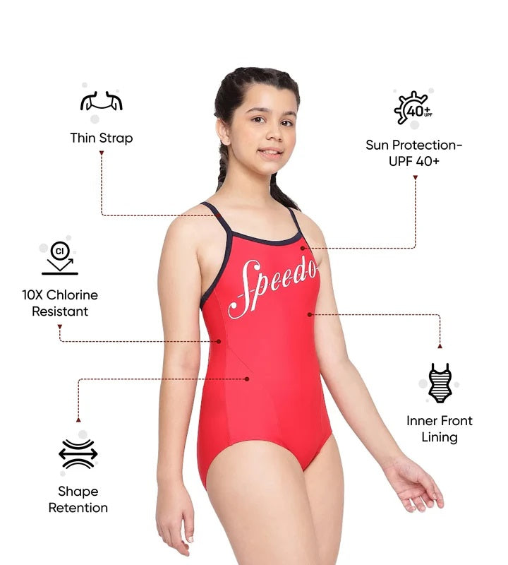Speedo Girl's Endurance 10 Heritage Logo Thinstrap Muscleback One-Piece Swimsuit - V-Cut, Fed Red & True Navy - Best Price online Prokicksports.com