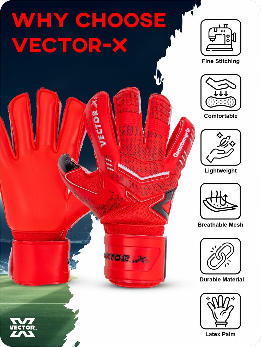 Vector X Quantum Goalkeeper Gloves | Professional Latex Soccer Goalie Gloves with Finger Protection | Size 10 | Red