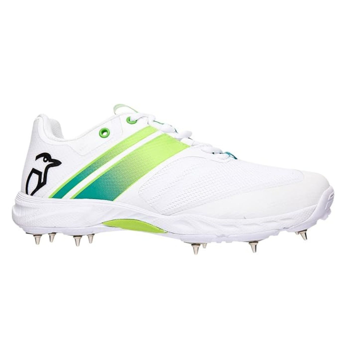 Kookaburra Pro 2.0 Spike Cricket Shoes | 10 Replaceable Metal Spikes | Breathable Mesh Upper | Lightweight EVA Midsole | White/Lime - Best Price online Prokicksports.com