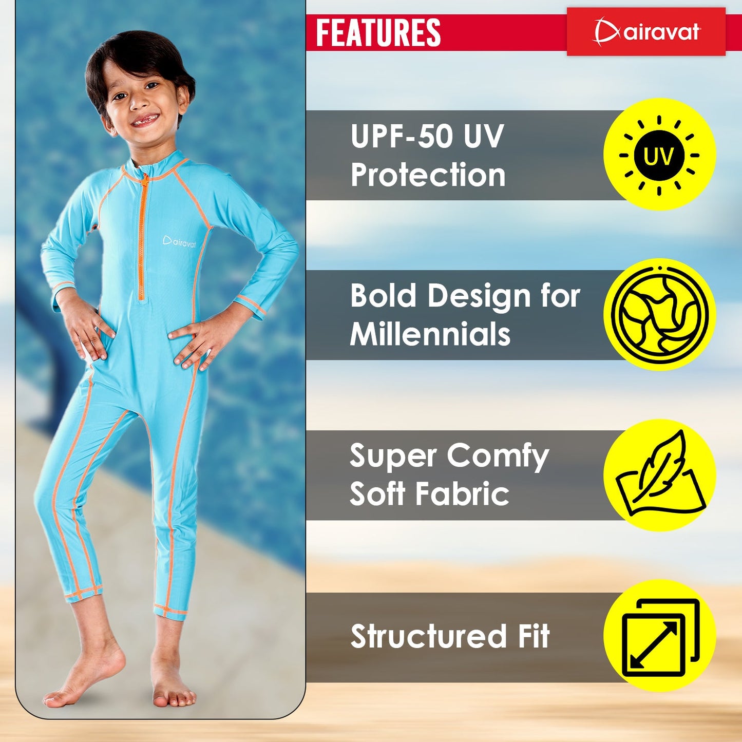 Airavat 1508 Children's Full-Body Swimwear | UV Protection, Quick-Dry & Stretchable | Comfortable One-Piece Swimsuit for Boys & Girls