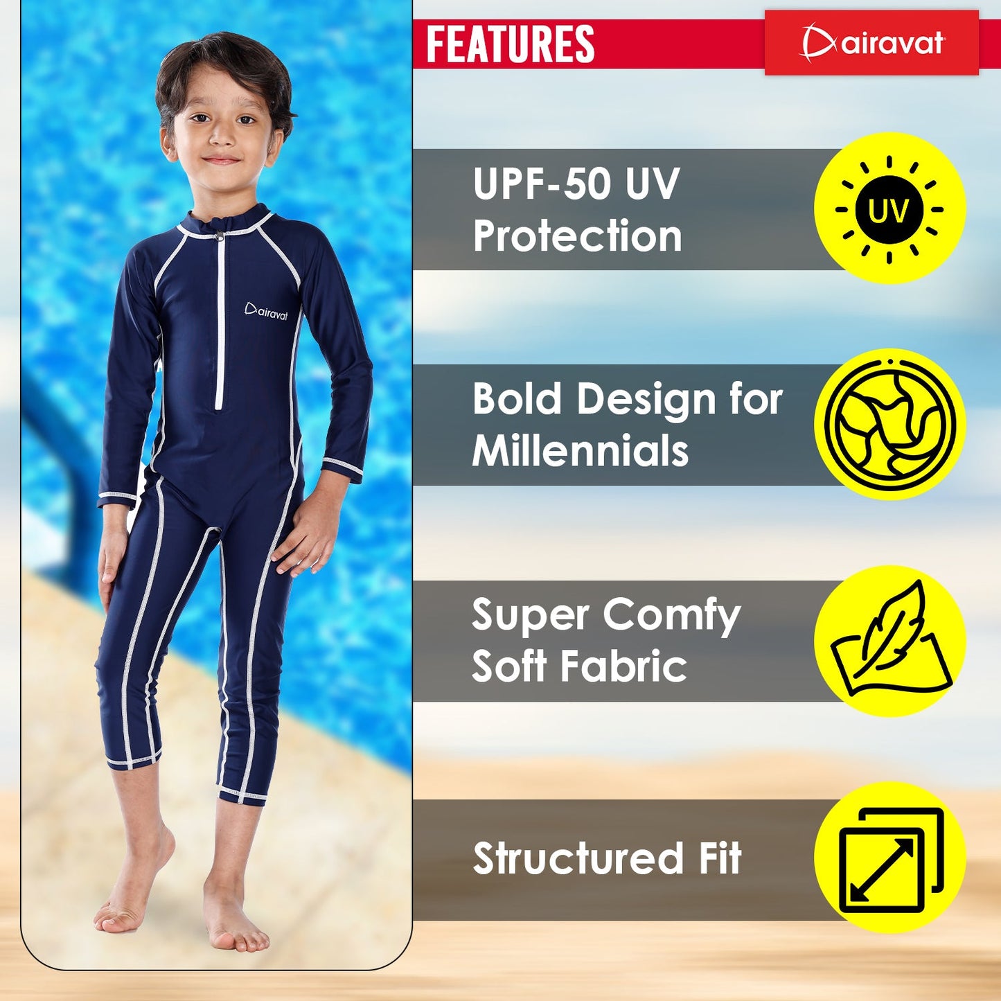Airavat 1508 Children's Full-Body Swimwear | UV Protection, Quick-Dry & Stretchable | Comfortable One-Piece Swimsuit for Boys & Girls - Best Price online Prokicksports.com