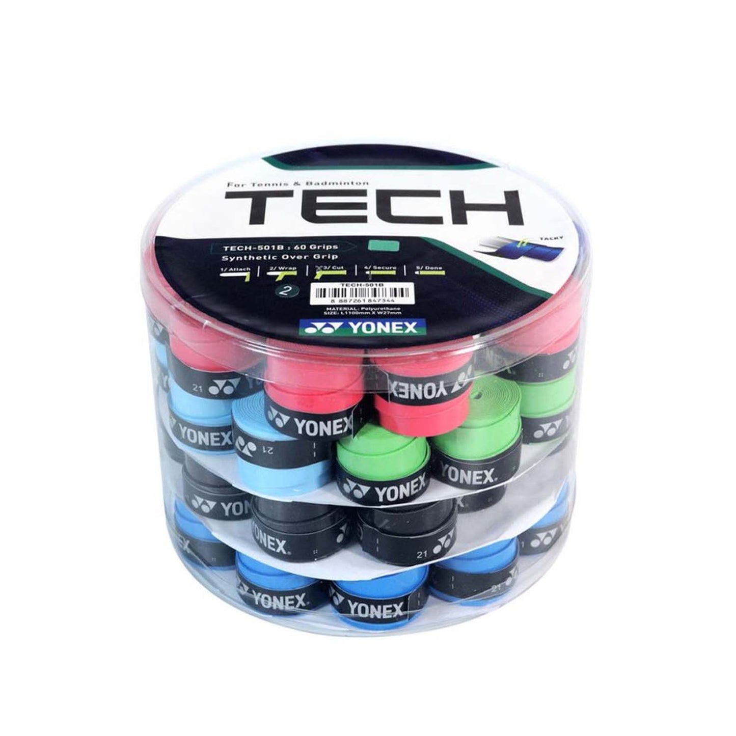 Yonex Tech 501B Badminton Grip – Anti-Slip, Sweat-Absorbent, Durable Overgrip for Badminton Rackets (Assorted Colors, 1 Can) (60 Pcs) - Best Price online Prokicksports.com