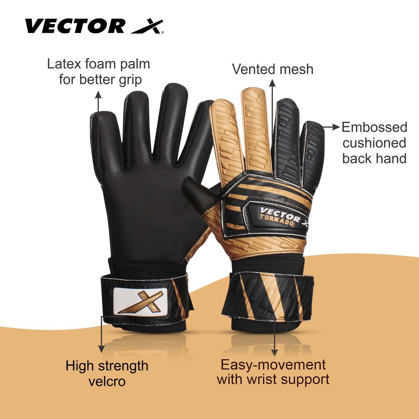 Vector X Tornado Goal Keeper Gloves with Strong Grip Latex Palm, Finger Support, Breathable Fit for Football Match & Training – All Weather Play - Best Price online Prokicksports.com