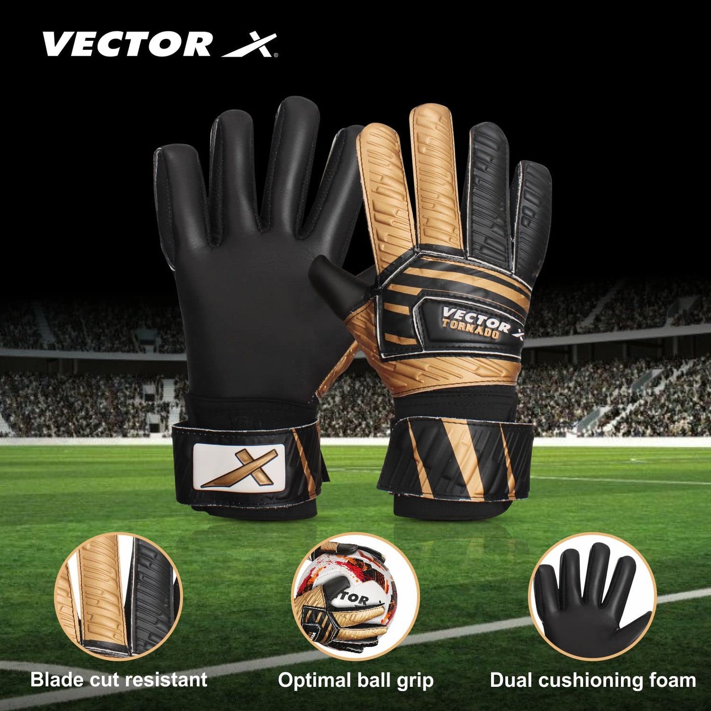 Vector X Tornado Goal Keeper Gloves with Strong Grip Latex Palm, Finger Support, Breathable Fit for Football Match & Training – All Weather Play - Best Price online Prokicksports.com