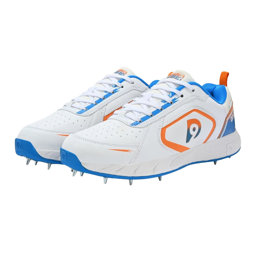 Dnine Thunder Metal Spike Cricket Shoes for Men | Professional-Grade Traction | PU Leather Upper | EVA Midsole | White/Orange/Blue | Ideal for Fast Bowlers - Best Price online Prokicksports.com