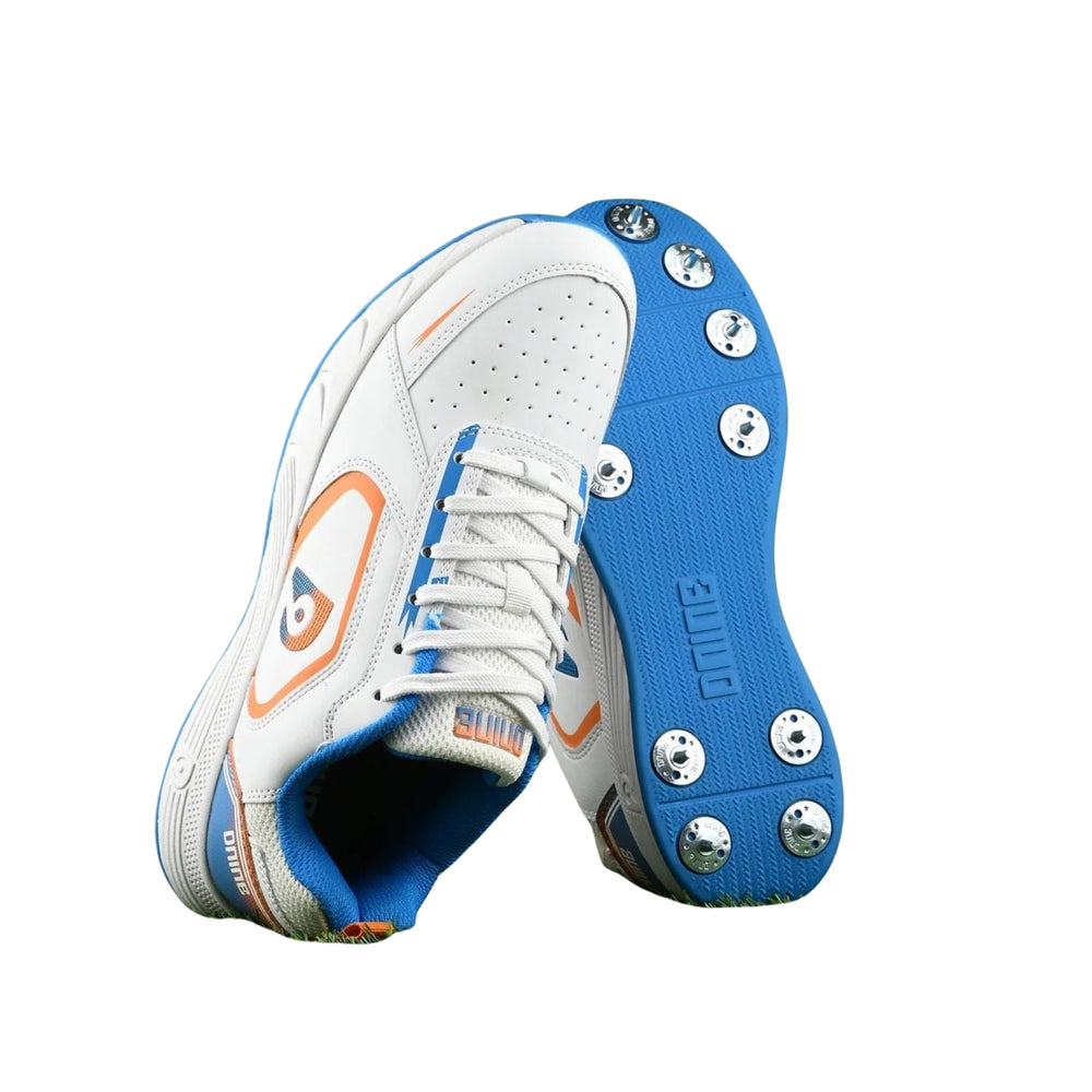 Dnine Thunder Metal Spike Cricket Shoes for Men | Professional-Grade Traction | PU Leather Upper | EVA Midsole | White/Orange/Blue | Ideal for Fast Bowlers - Best Price online Prokicksports.com