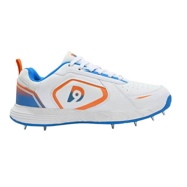 Dnine Thunder Metal Spike Cricket Shoes for Men | Professional-Grade Traction | PU Leather Upper | EVA Midsole | White/Orange/Blue | Ideal for Fast Bowlers