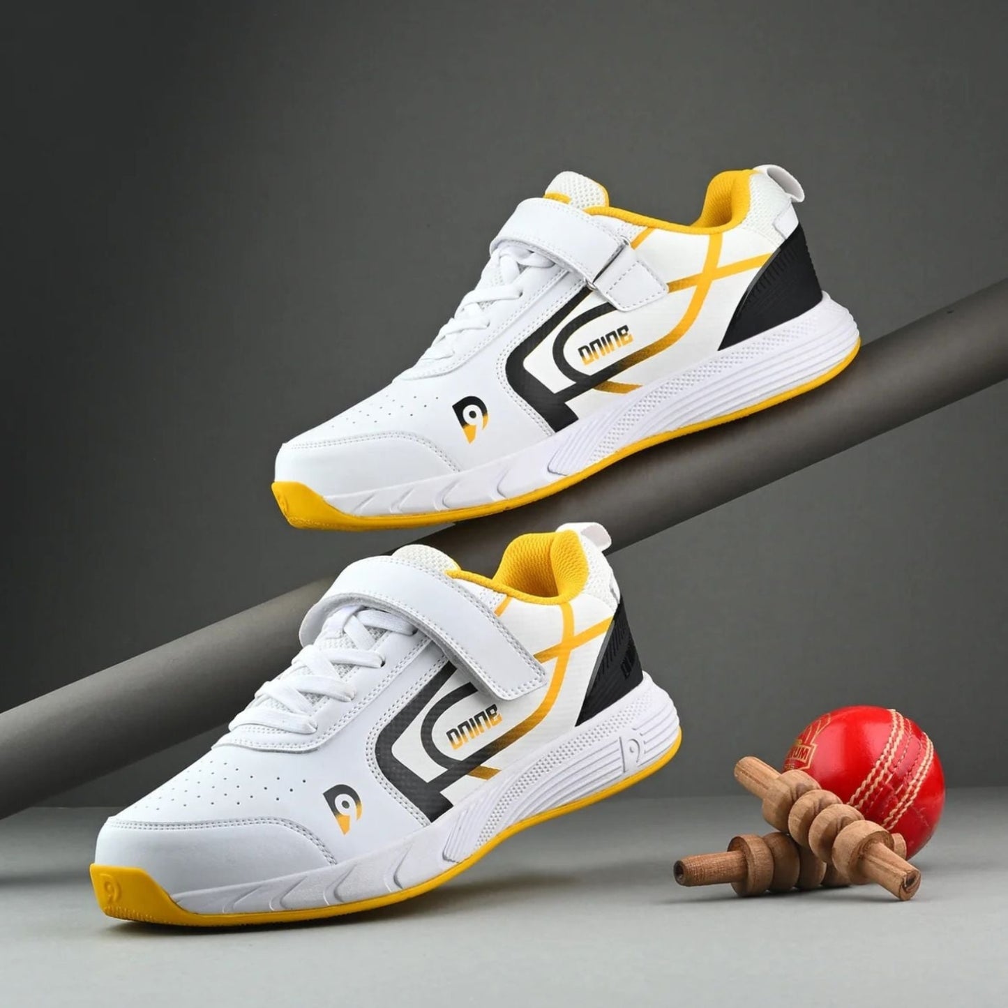 Dnine King-2 Bowling Spikes Cricket Shoes for Men | Metal Spikes | PU Upper | TPU Outsole | EVA Midsole | White/Yellow | Ideal for Fast Bowlers - Best Price online Prokicksports.com