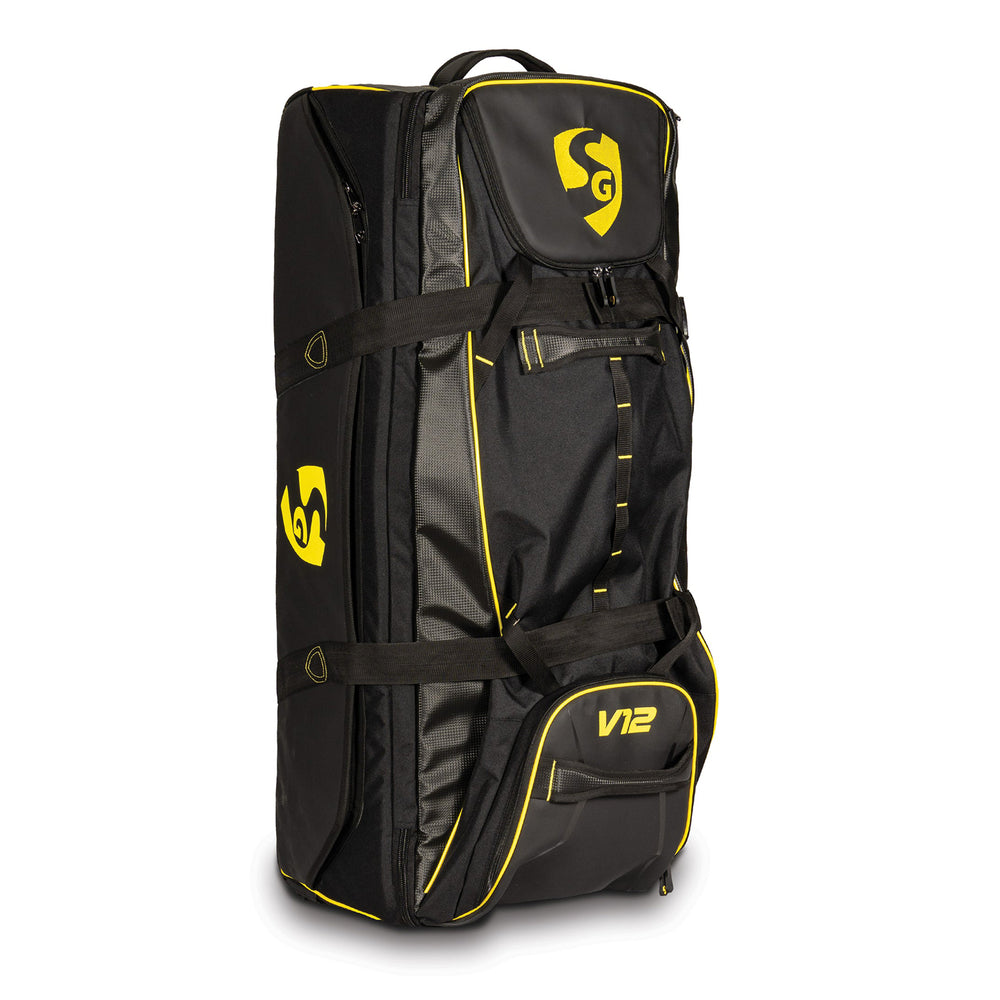 SG V12 Premium Wheelie Cricket Kit Bag – Black/Yellow, Large Trolley Gear Bag with Heavy-Duty Wheels for Pro Players and Match Travel - Best Price online Prokicksports.com