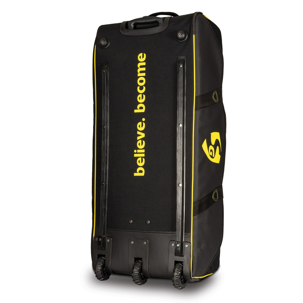 SG V12 Premium Wheelie Cricket Kit Bag – Black/Yellow, Large Trolley Gear Bag with Heavy-Duty Wheels for Pro Players and Match Travel - Best Price online Prokicksports.com
