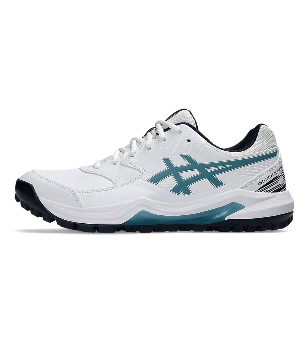 Asics Gel-Lethal Field 2 Men’s Cricket Shoes | White & Atlantis Blue, GEL Shock Absorption, Microfibre Leather Upper, Rubber Sole, Lightweight Comfort & Stability