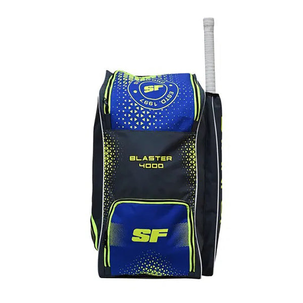 SF Blaster 4000 Large Duffle Cricket Kit Bag for Men – Spacious Blue Yellow Sports Gear Travel Storage Bag