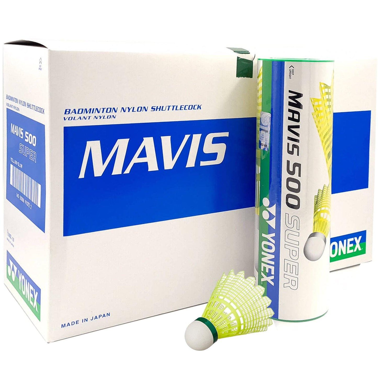 Yonex Mavis 500 Super Nylon Shuttlecock, Yellow (Green Cap) - 50 Cans - Best Price online Prokicksports.com