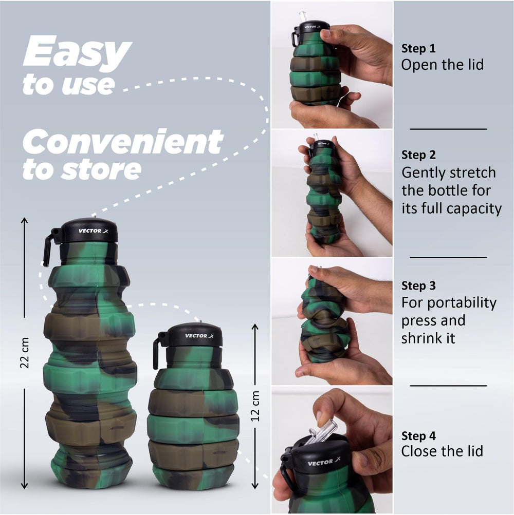 Vector X 500ML Foldable Silicone Water Bottle | Leak-Proof Cap with Lobster Hook | Ultra-Lightweight & Compact Hydration Bottle - Best Price online Prokicksports.com