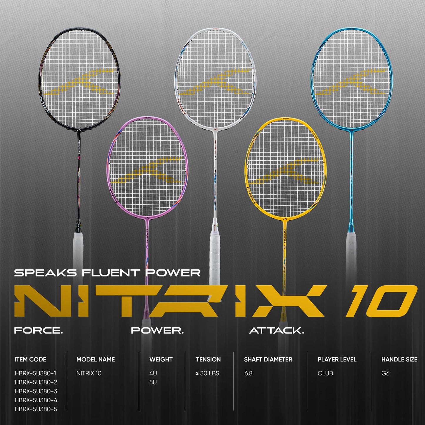 Hundred Nitrix 10 Badminton Racket (Strung) | Head-Heavy Carbon Fiber Attacking Racquet with Full Cover | Max Tension 30 lbs