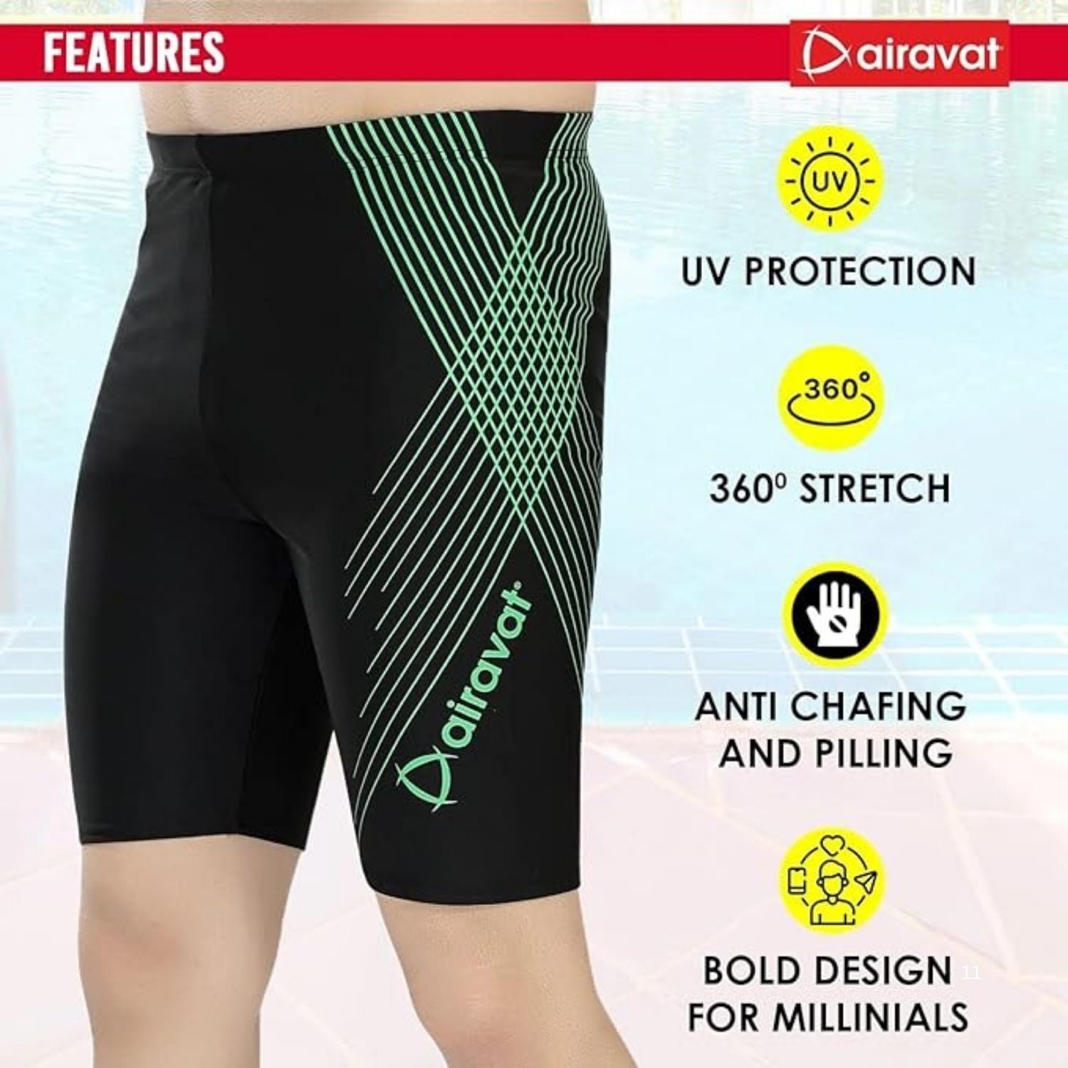 Airavat Surf 1505 Men's Swimming Jammer – Polyester, 360° Stretch, UV Protection, Anti-Chafe, Chlorine Resistant - Best Price online Prokicksports.com
