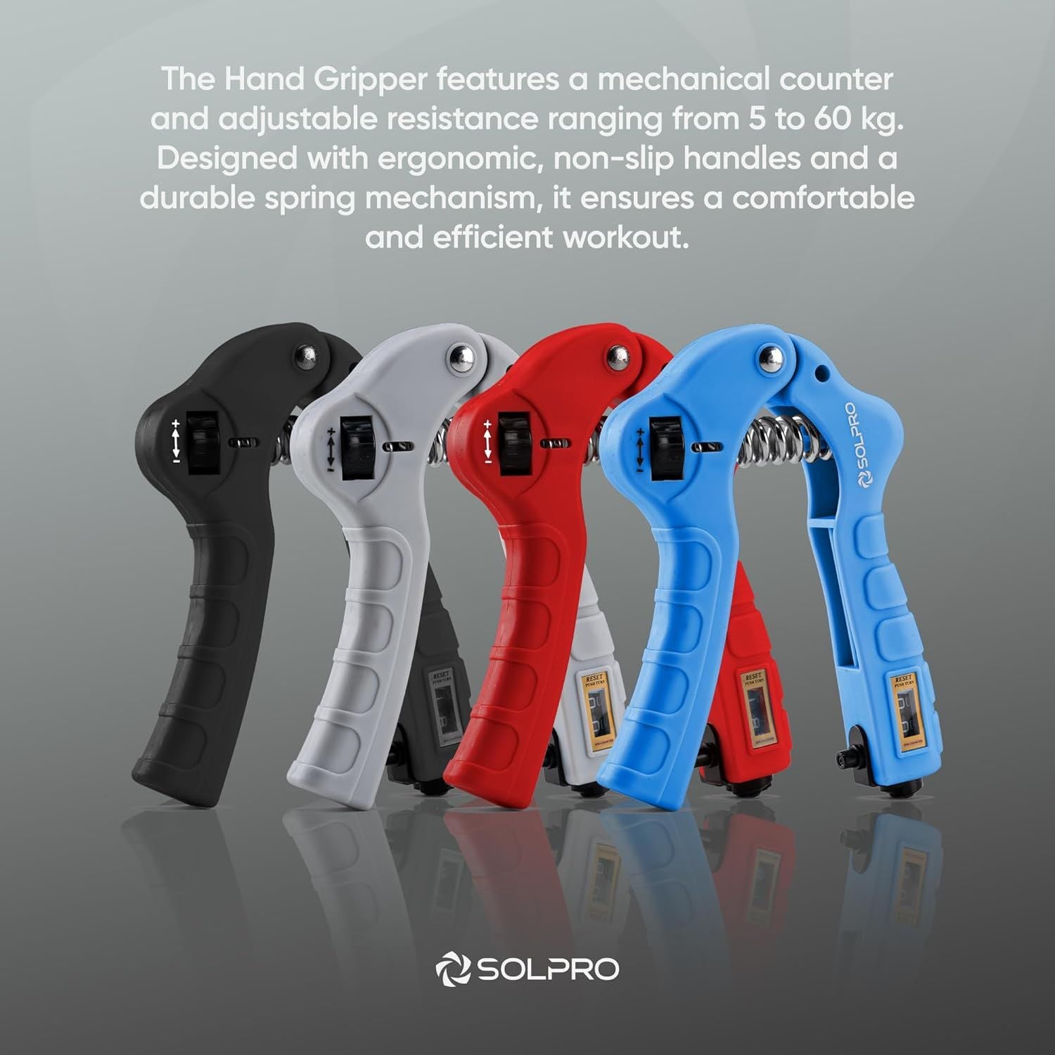 Solpro SHX-052 Grippax Adjustable Hand Grip Strengthener – 5-60kg Resistance, Mechanical Counter, Forearm, Wrist & Finger Exerciser for Men & Women, Home/Gym/Rehab Workouts - Best Price online Prokicksports.com