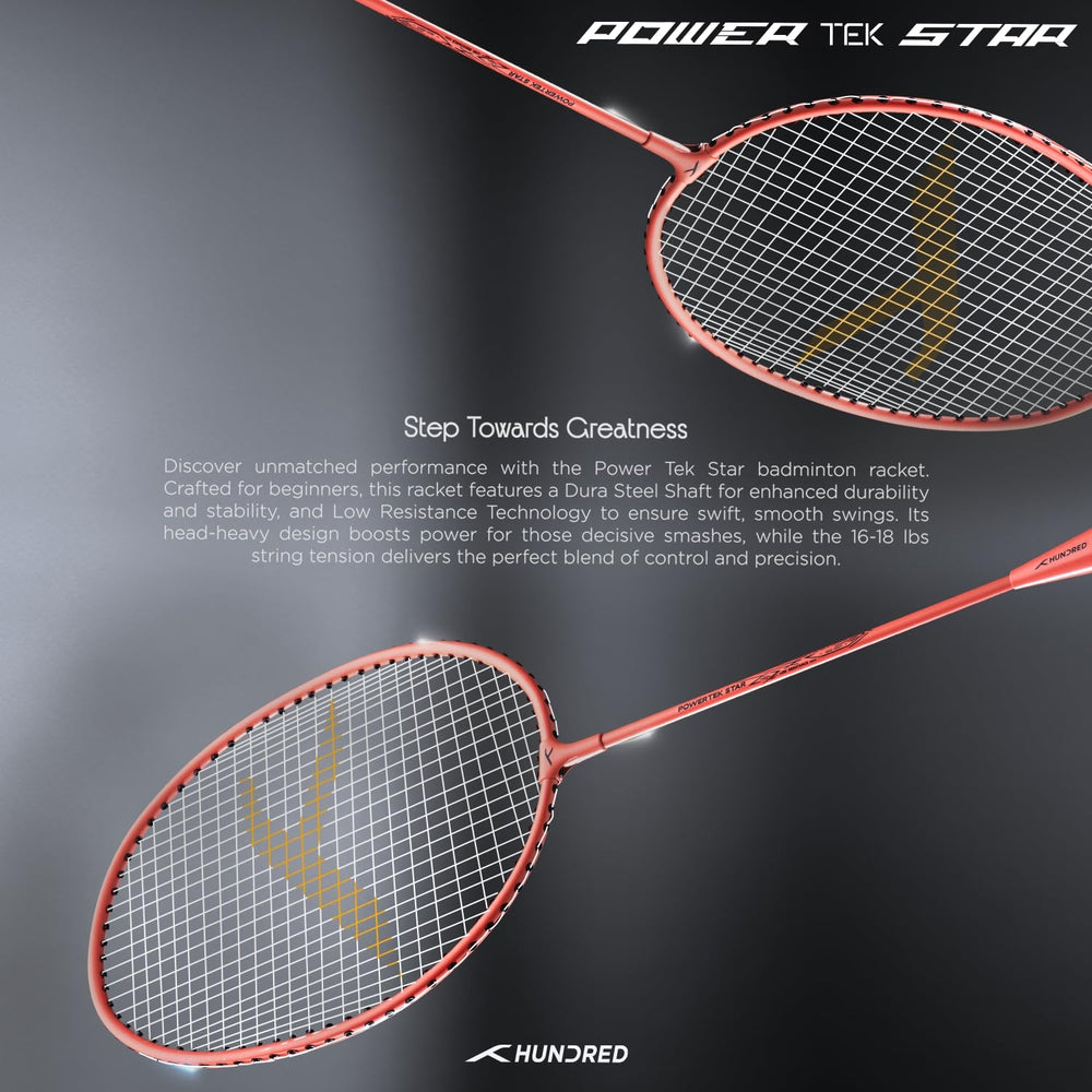Hundred Powertek Star Strung Badminton Set (Pack of 2 Racquets) | Lightweight Aluminium Frame with Pre-Strung Strings, Full Cover & Shuttlecock Combo for Beginners - Best Price online Prokicksports.com