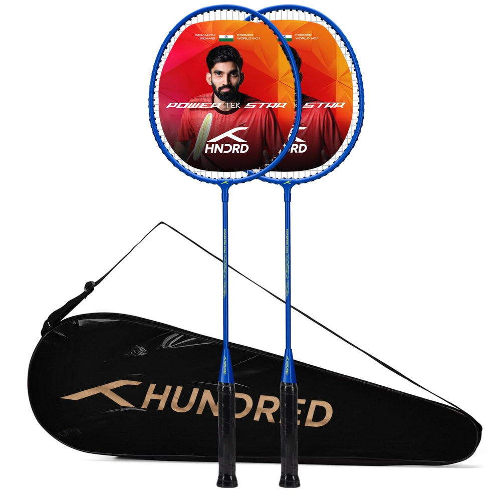 Hundred Powertek Star Strung Badminton Set (Pack of 2 Racquets) | Lightweight Aluminium Frame with Pre-Strung Strings, Full Cover & Shuttlecock Combo for Beginners - Best Price online Prokicksports.com