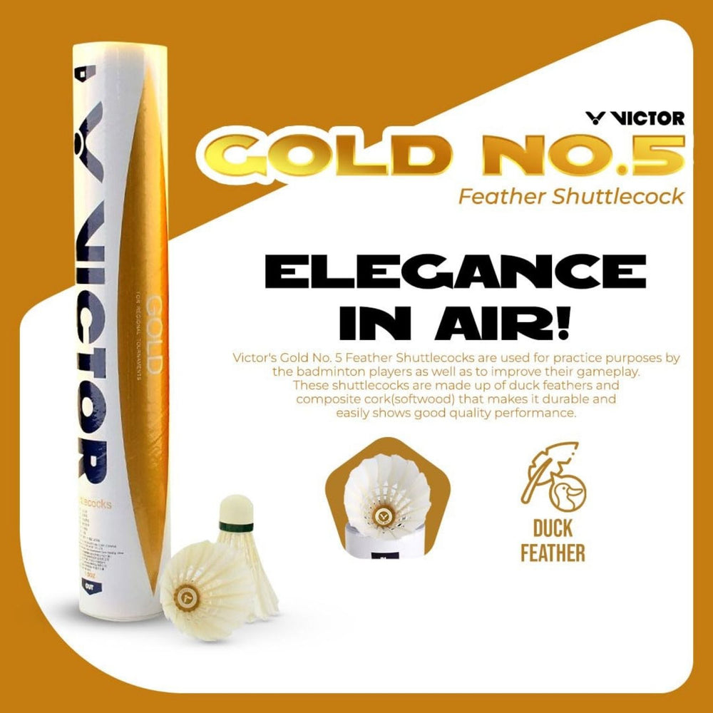 Victor Gold No.5 Feather Shuttlecock – Speed 76, Duck Feather & Composite Cork, Pack of 12 (Practice & Club Use) - Best Price online Prokicksports.com