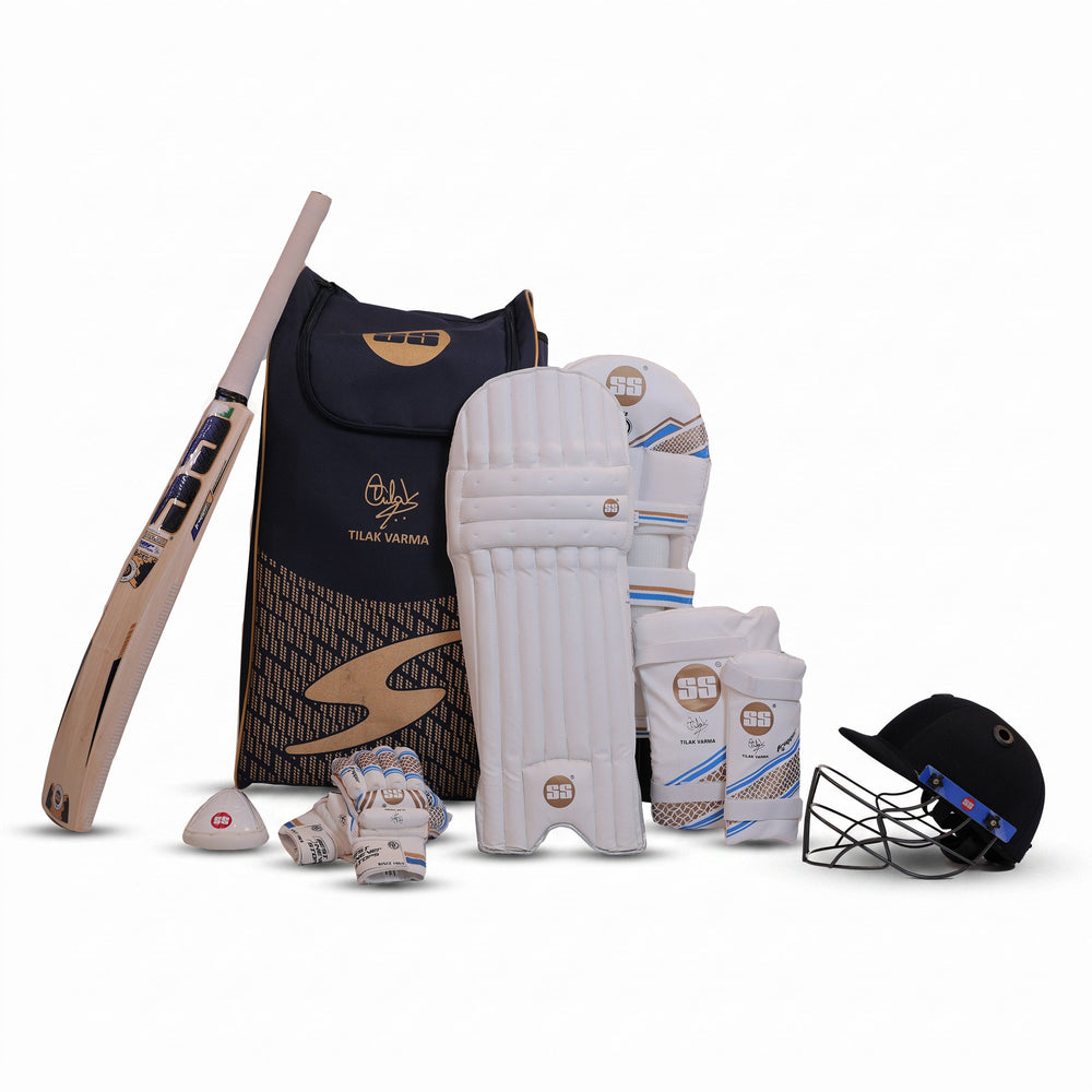 SS Tilak Varma Classic Kashmir Willow Full Cricket Kit With Helmet | Navy/Gold, Men's