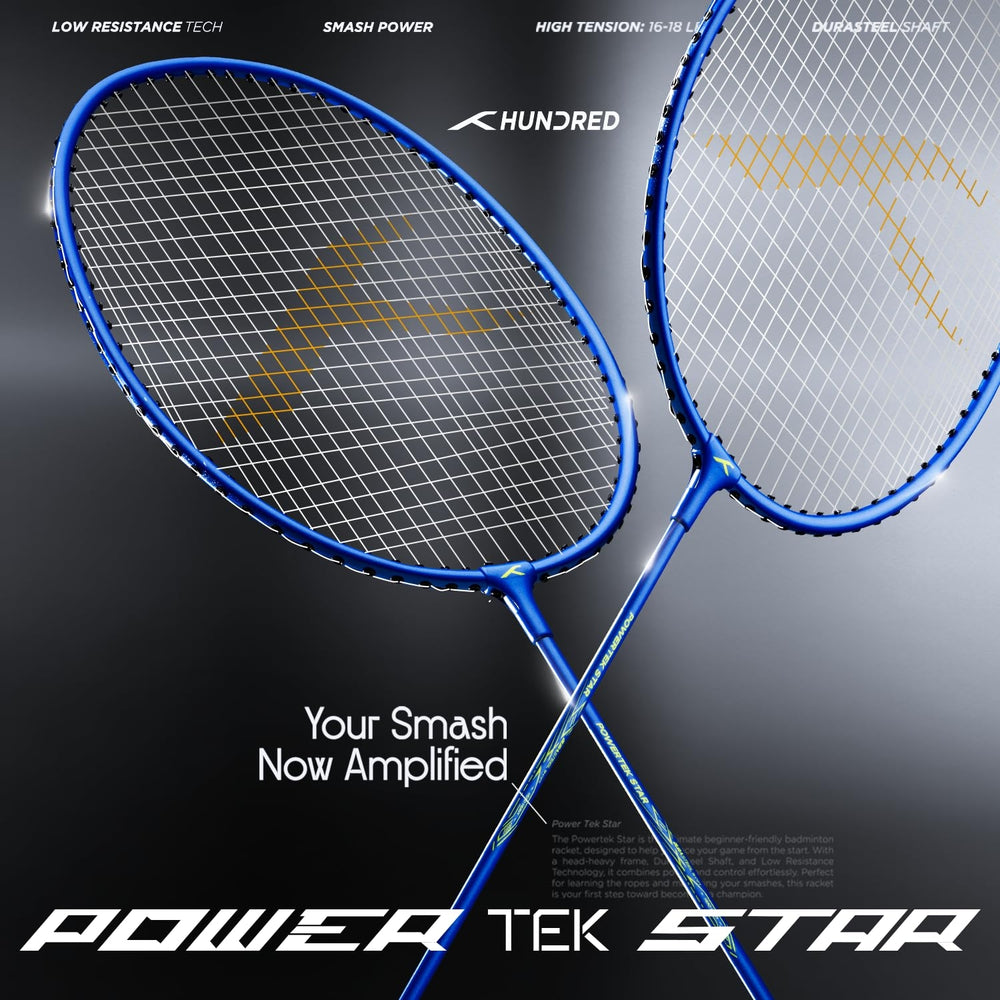 Hundred Powertek Star Strung Badminton Set (Pack of 2 Racquets) | Lightweight Aluminium Frame with Pre-Strung Strings, Full Cover & Shuttlecock Combo for Beginners - Best Price online Prokicksports.com