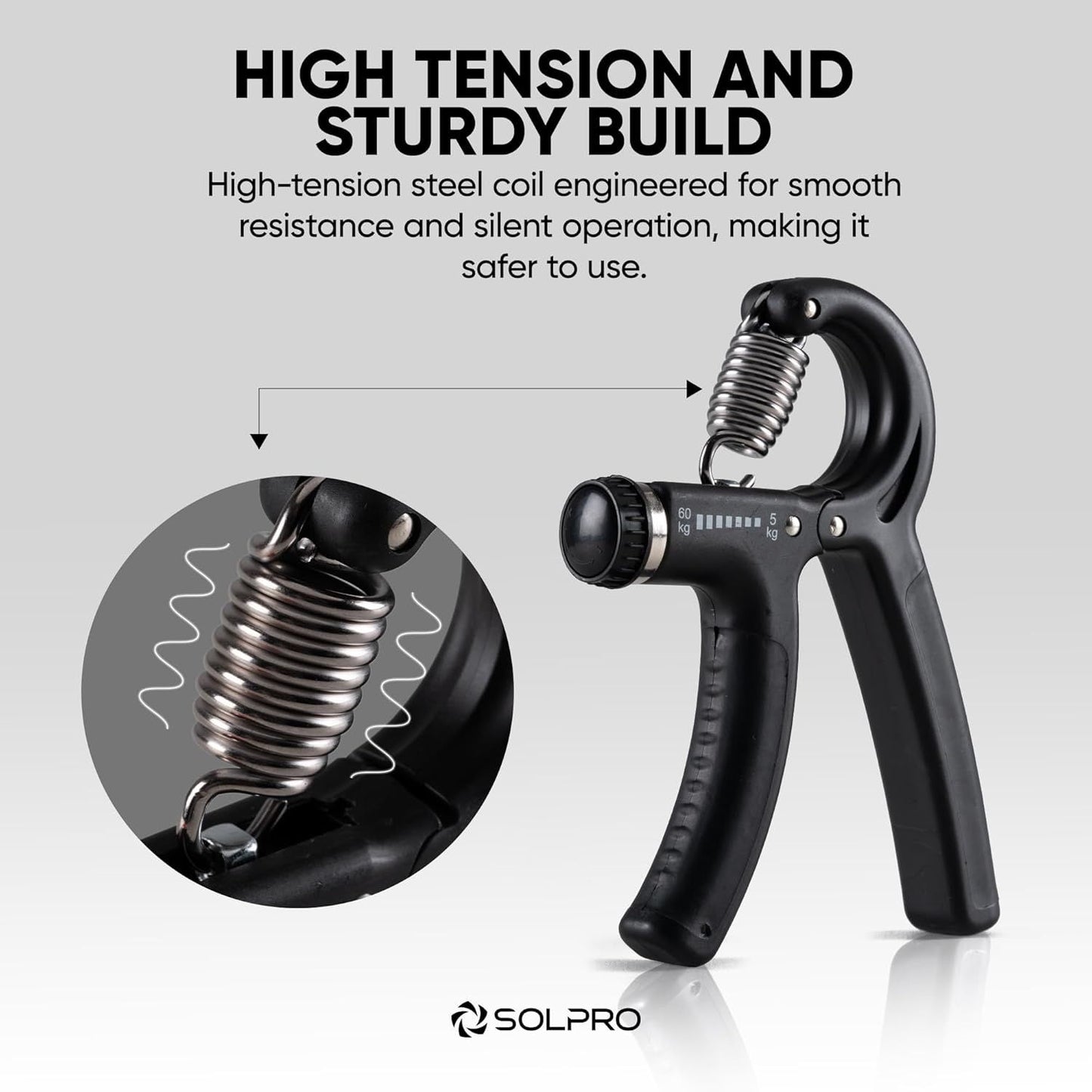 Solpro SHG-046 FirmFlex Adjustable Hand Grip Strengthener – 5-60kg Resistance, Ergonomic Grip, Forearm & Finger Strengthener with Mechanical Counter, Home Gym Rehab - Best Price online Prokicksports.com