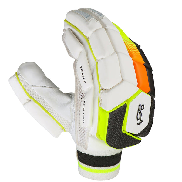 Kookaburra Beast Pro Players Left Hand Batting Gloves – Adult | Premium Protection & Aggressive Styling | White/Black/Orange