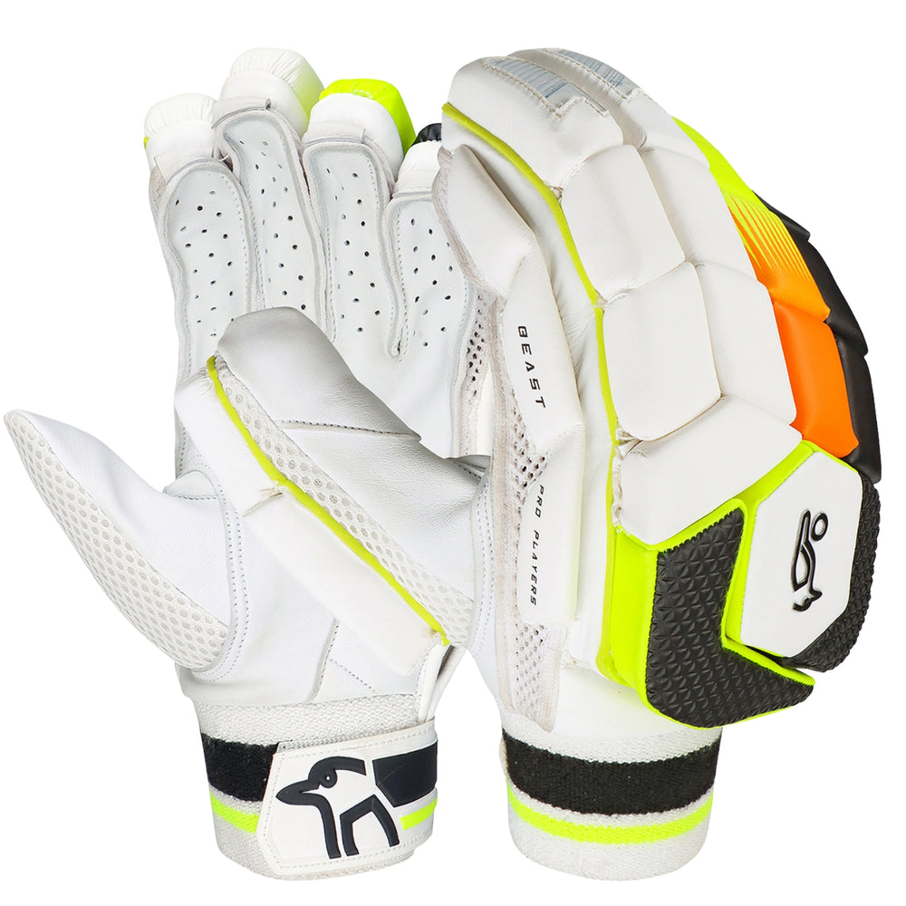 Kookaburra Beast Pro Players Left Hand Batting Gloves – Adult | Premium Protection & Aggressive Styling | White/Black/Orange