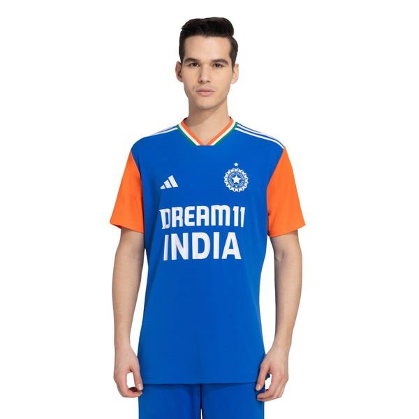 Adidas Official India Cricket T20 Fan T-Shirt, Dark Blue/True Orange
