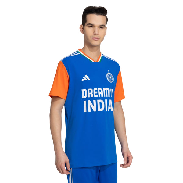 Adidas Official India Cricket T20 Fan T-Shirt, Dark Blue/True Orange