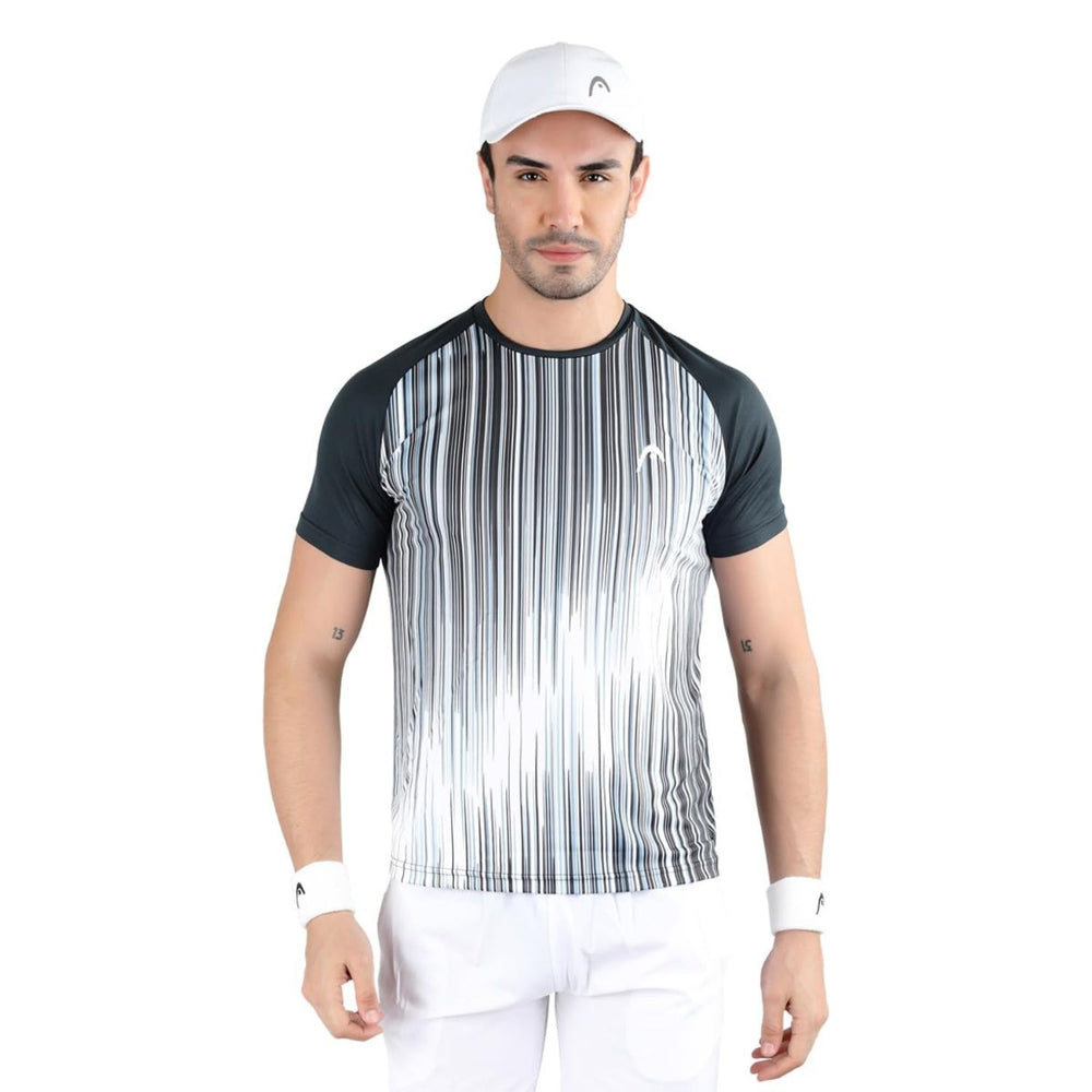 HEAD HCD‑383 Men’s Round‑Neck Sports T‑Shirt – Moisture‑Wicking Dot‑Knit Polyester with Digital Graphic Print (Charcoal/White)